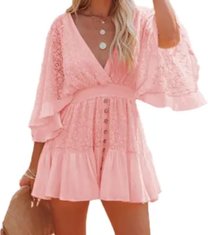 Women's Lace Crochet Romper Dress, Lace Romper for Women, Batwing Sleeve Backless Ruffle Dresses, V Neck Dresses