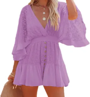 Women's Lace Crochet Romper Dress, Lace Romper for Women, Batwing Sleeve Backless Ruffle Dresses, V Neck Dresses