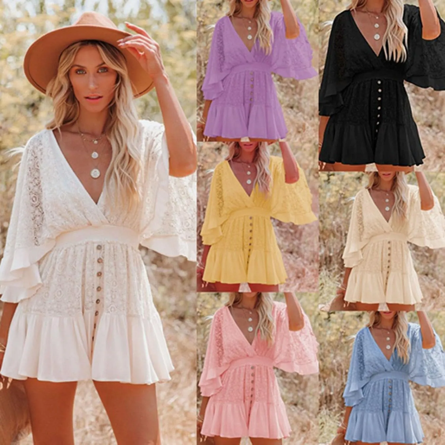 Women's Lace Crochet Romper Dress, Lace Romper for Women, Batwing Sleeve Backless Ruffle Dresses, V Neck Dresses