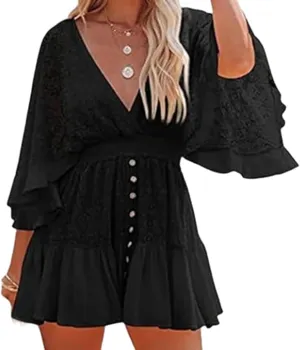 Women's Lace Crochet Romper Dress, Lace Romper for Women, Batwing Sleeve Backless Ruffle Dresses, V Neck Dresses