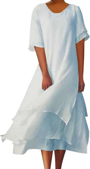 Women's Linen Dresses Layered Short Sleeve Crew Neck Dresses Loose Fit Long Dresses Summer Irregular Flowy Boho Dress