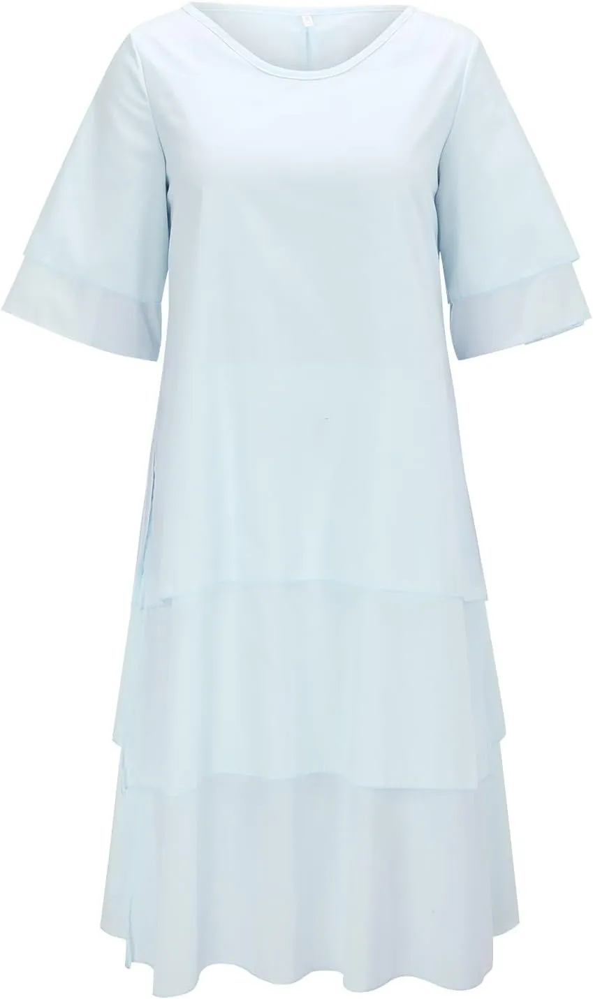 Women's Linen Dresses Layered Short Sleeve Crew Neck Dresses Loose Fit Long Dresses Summer Irregular Flowy Boho Dress