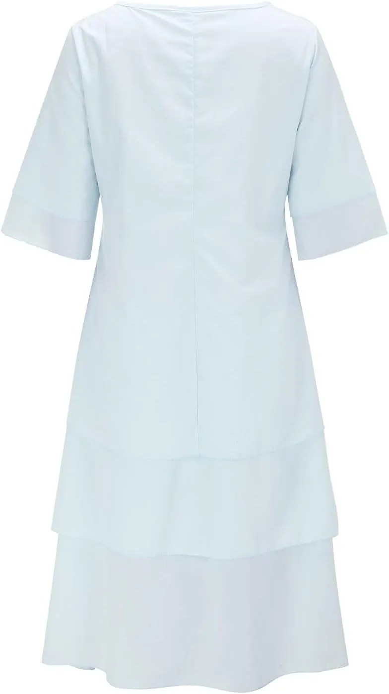 Women's Linen Dresses Layered Short Sleeve Crew Neck Dresses Loose Fit Long Dresses Summer Irregular Flowy Boho Dress