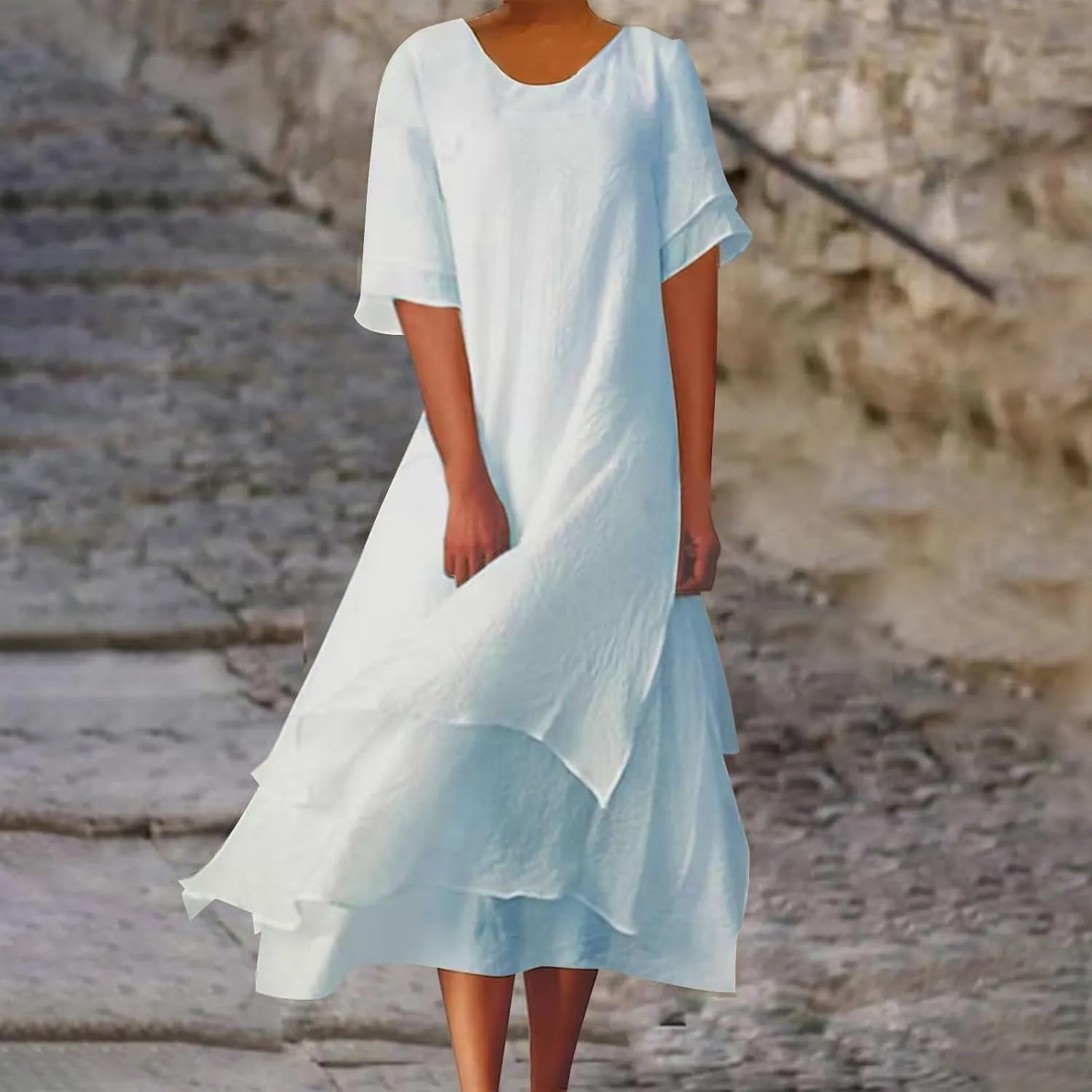 Women's Linen Dresses Layered Short Sleeve Crew Neck Dresses Loose Fit Long Dresses Summer Irregular Flowy Boho Dress