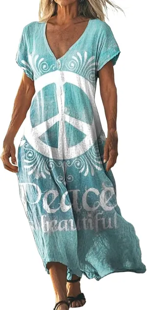Womens Linen Dresses Loose Flowy V Neck Short Sleeve 2025 Boho Print Maxi Dress Lightweight Summer Beach Vacation
