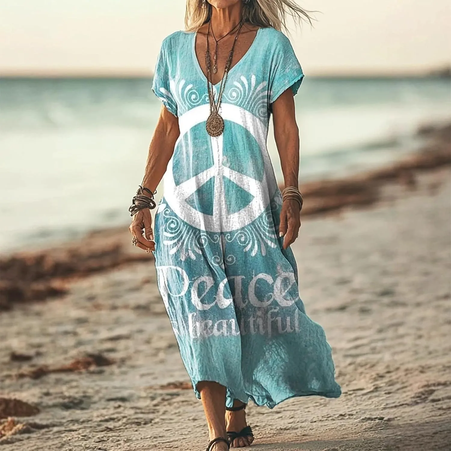 Womens Linen Dresses Loose Flowy V Neck Short Sleeve 2025 Boho Print Maxi Dress Lightweight Summer Beach Vacation