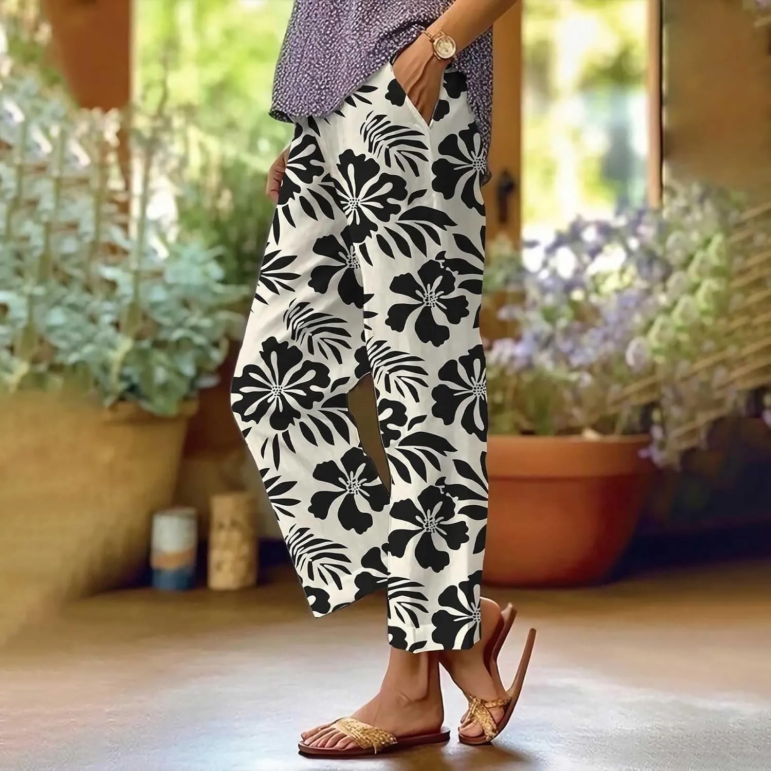 Womens Linen Pants Casual Loose High Waisted Boho Print Wide Leg Pant Summer Beach Drawstring Trousers with Pocket