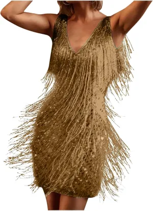 Women's Novelty Dress Fringe V Neck Dresses Sexy Sleeveless Fashion Party Outfits Performance Off Shoulder Dress