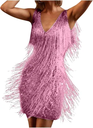 Women's Novelty Dress Fringe V Neck Dresses Sexy Sleeveless Fashion Party Outfits Performance Off Shoulder Dress
