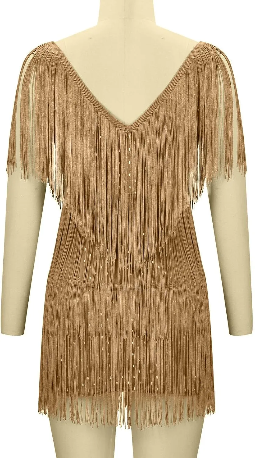 Women's Novelty Dress Fringe V Neck Dresses Sexy Sleeveless Fashion Party Outfits Performance Off Shoulder Dress