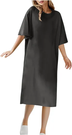 Women's Oversized Tshirt Dresses Short Sleeve Casual Shift-Dress Summer Soft Crewneck Tunic Dress Knee Length
