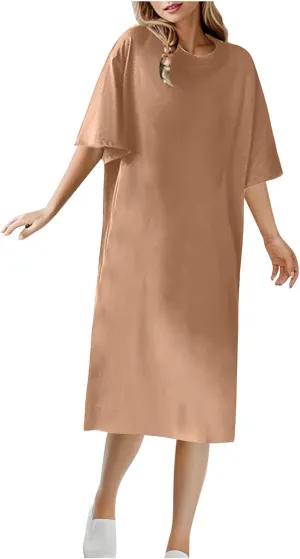 Women's Oversized Tshirt Dresses Short Sleeve Casual Shift-Dress Summer Soft Crewneck Tunic Dress Knee Length