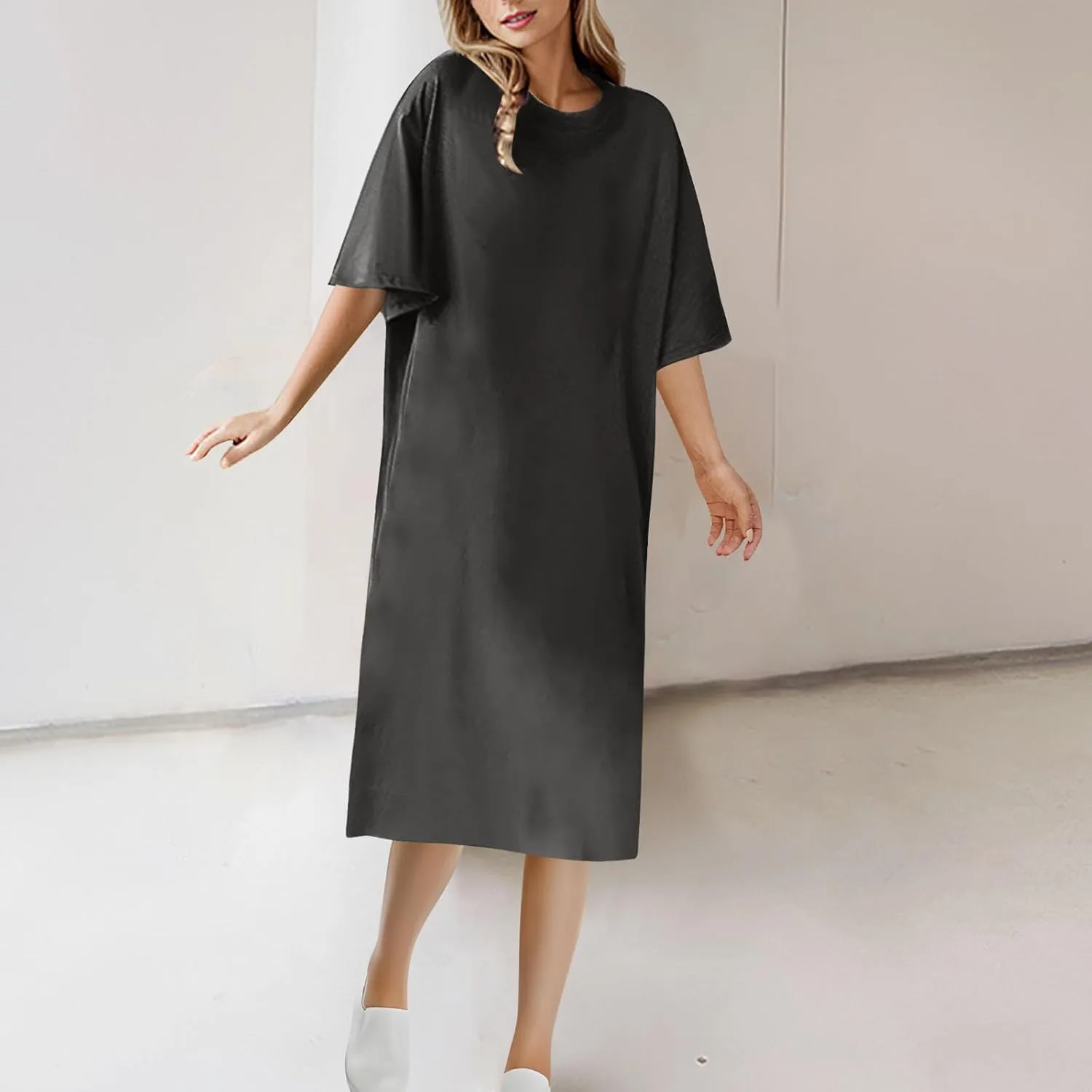 Women's Oversized Tshirt Dresses Short Sleeve Casual Shift-Dress Summer Soft Crewneck Tunic Dress Knee Length