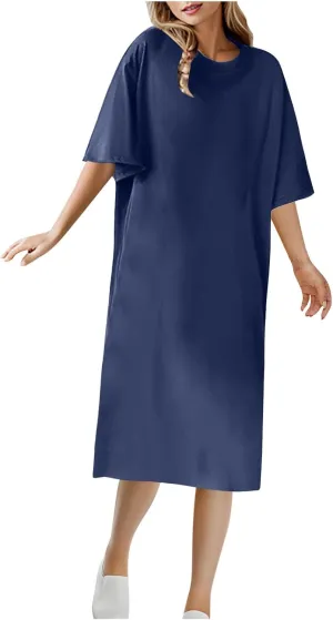 Women's Oversized Tshirt Dresses Short Sleeve Casual Shift-Dress Summer Soft Crewneck Tunic Dress Knee Length