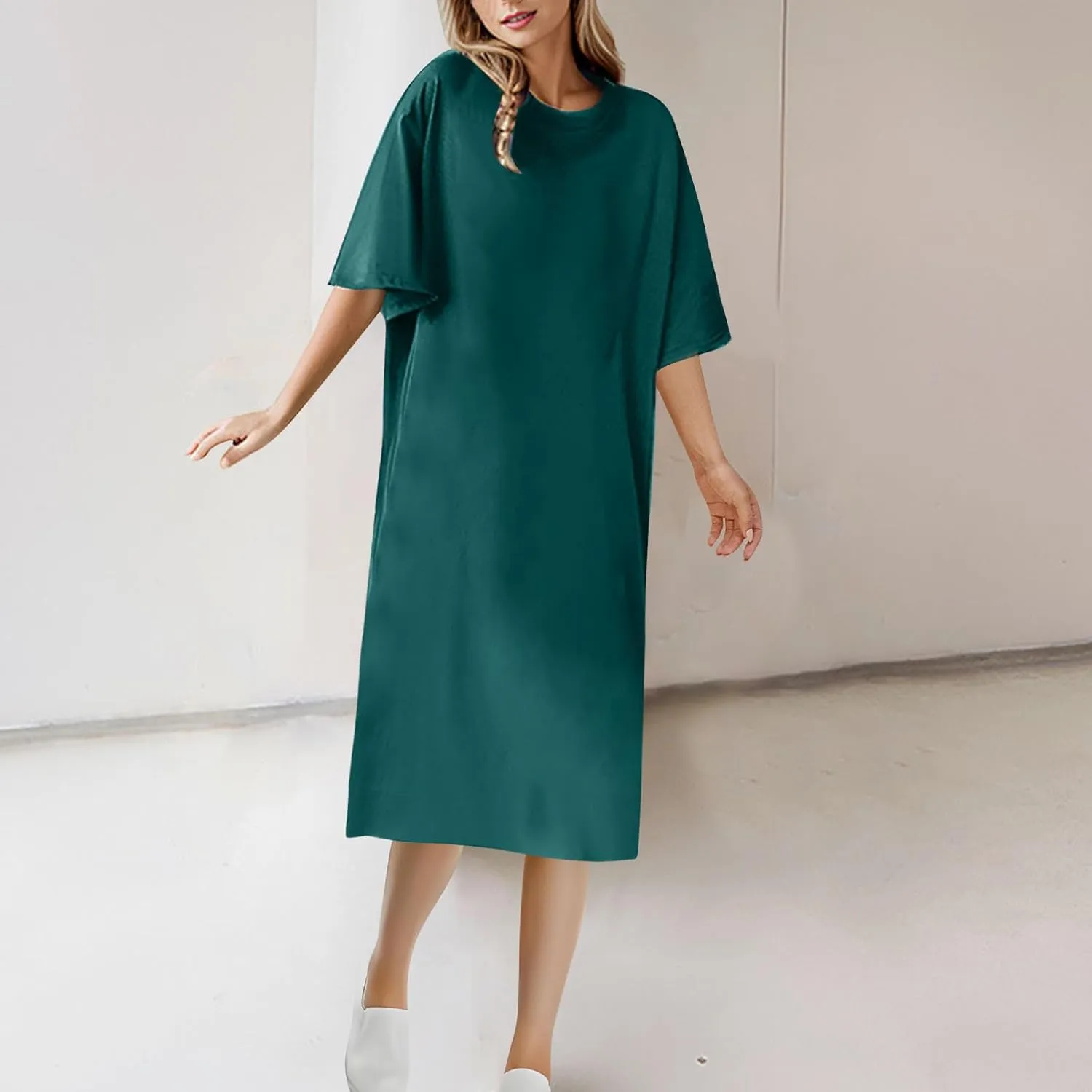 Women's Oversized Tshirt Dresses Short Sleeve Casual Shift-Dress Summer Soft Crewneck Tunic Dress Knee Length
