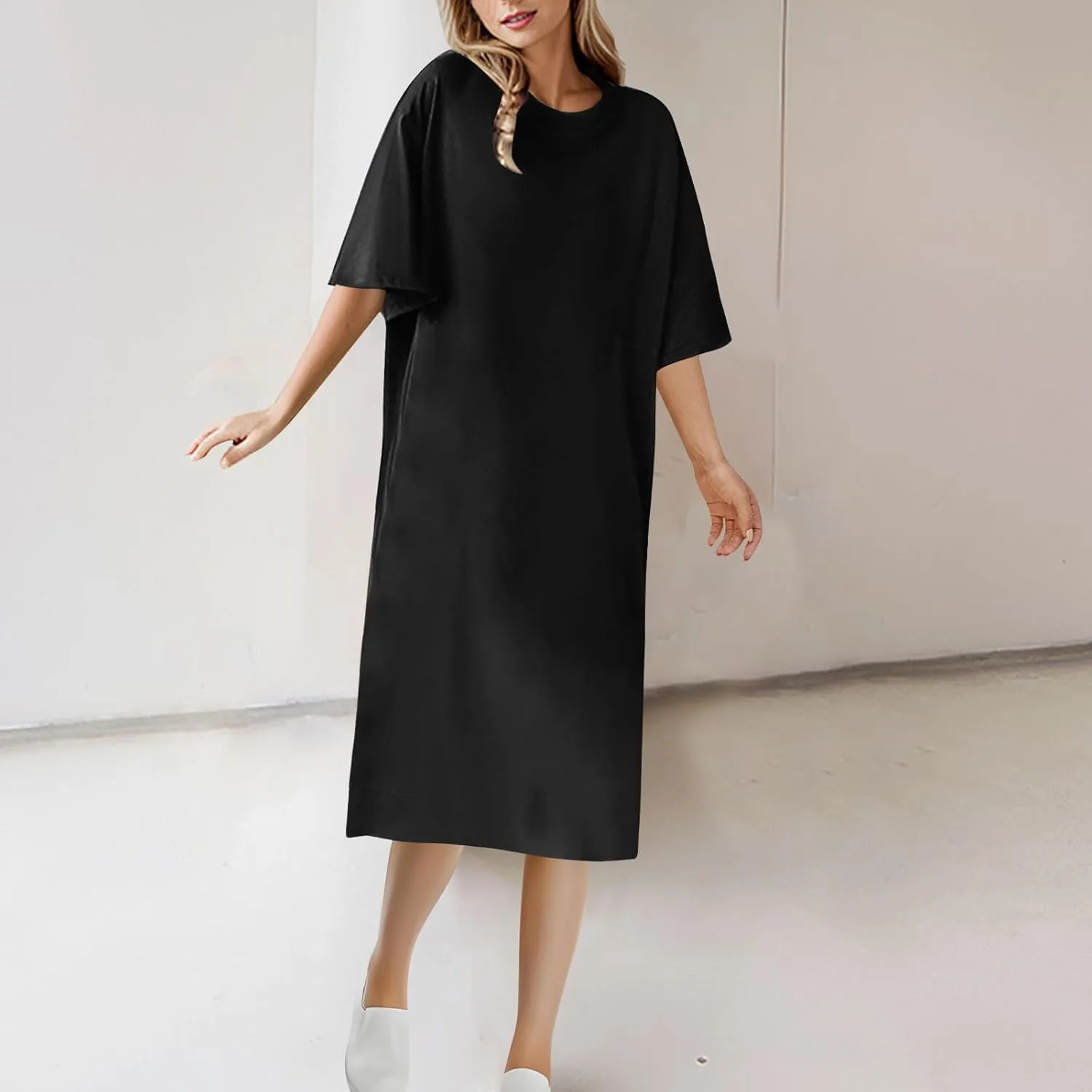 Women's Oversized Tshirt Dresses Short Sleeve Casual Shift-Dress Summer Soft Crewneck Tunic Dress Knee Length