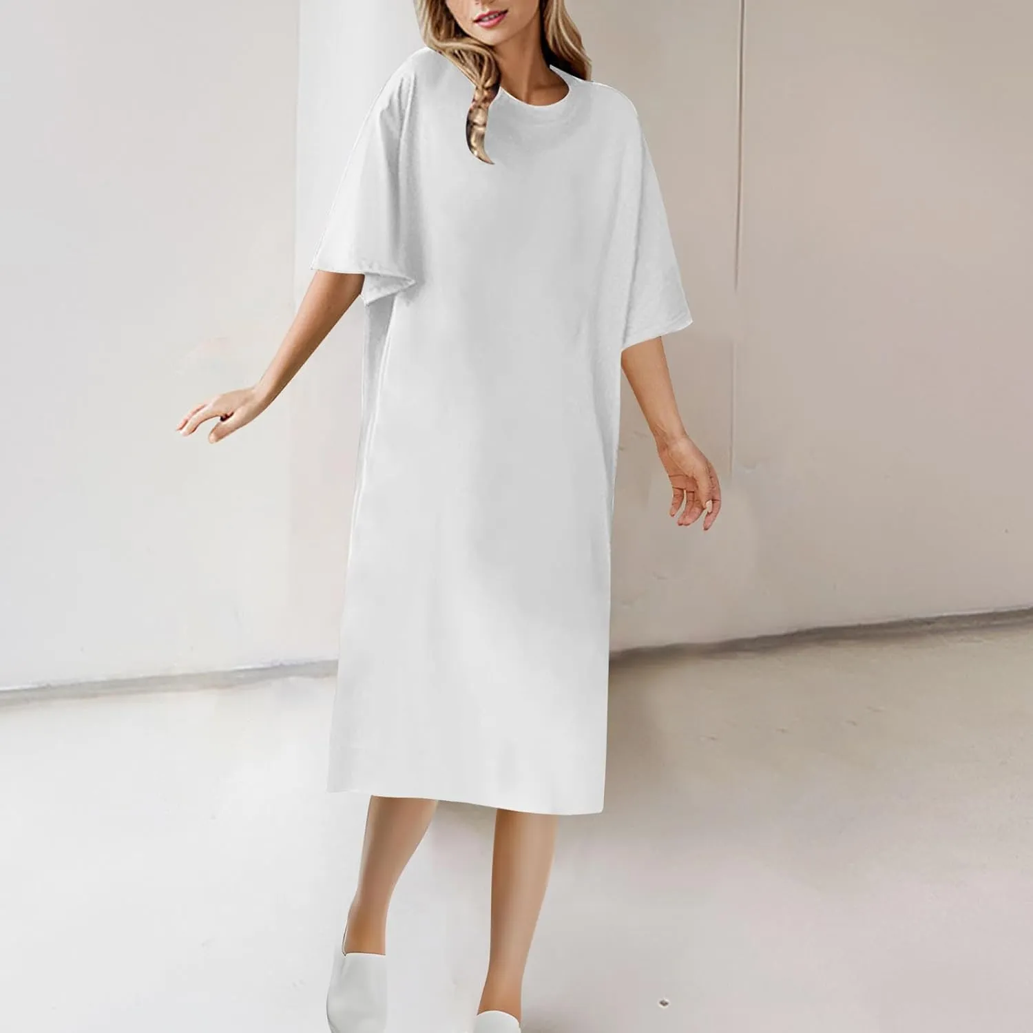 Women's Oversized Tshirt Dresses Short Sleeve Casual Shift-Dress Summer Soft Crewneck Tunic Dress Knee Length
