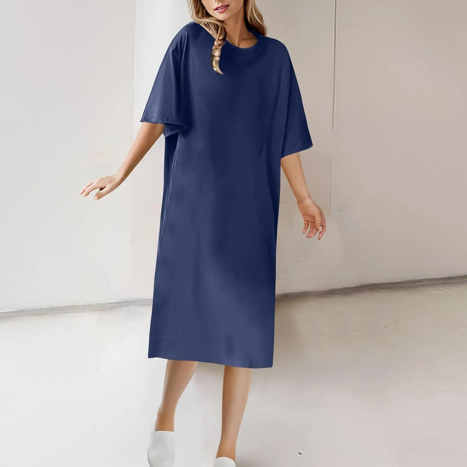 Women's Oversized Tshirt Dresses Short Sleeve Casual Shift-Dress Summer Soft Crewneck Tunic Dress Knee Length