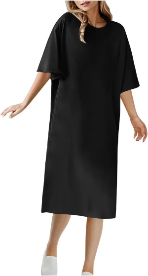 Women's Oversized Tshirt Dresses Short Sleeve Casual Shift-Dress Summer Soft Crewneck Tunic Dress Knee Length