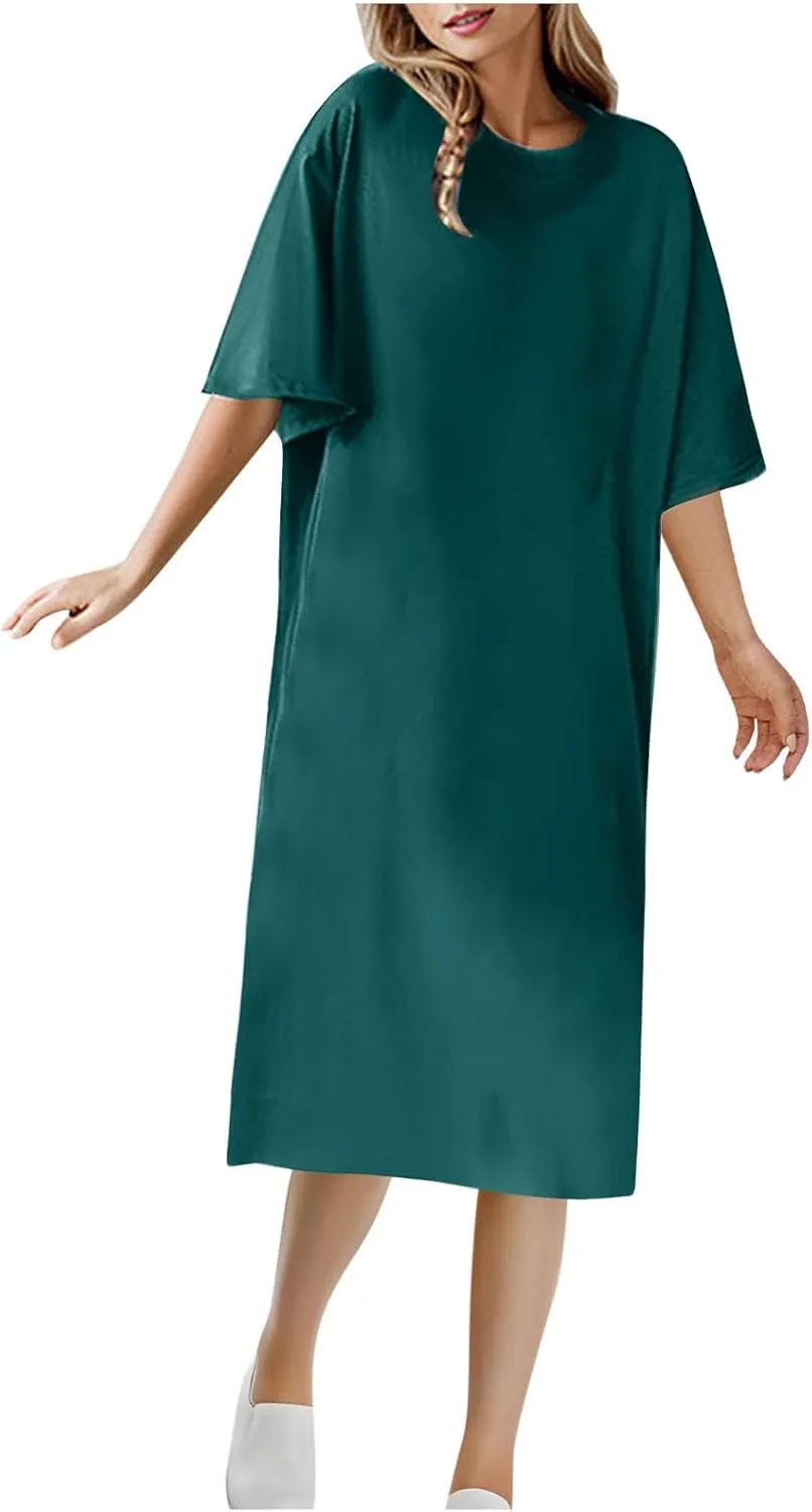 Women's Oversized Tshirt Dresses Short Sleeve Casual Shift-Dress Summer Soft Crewneck Tunic Dress Knee Length