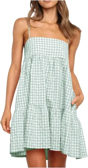 Womens Plaid A-Line Dresses Adjustable Shoulder Straps Ruffle Hem Casual Mini Dress Beach Sundress with Side Pockets