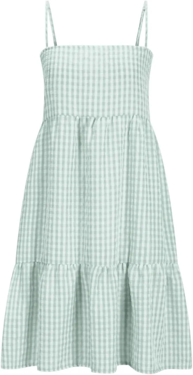 Womens Plaid A-Line Dresses Adjustable Shoulder Straps Ruffle Hem Casual Mini Dress Beach Sundress with Side Pockets