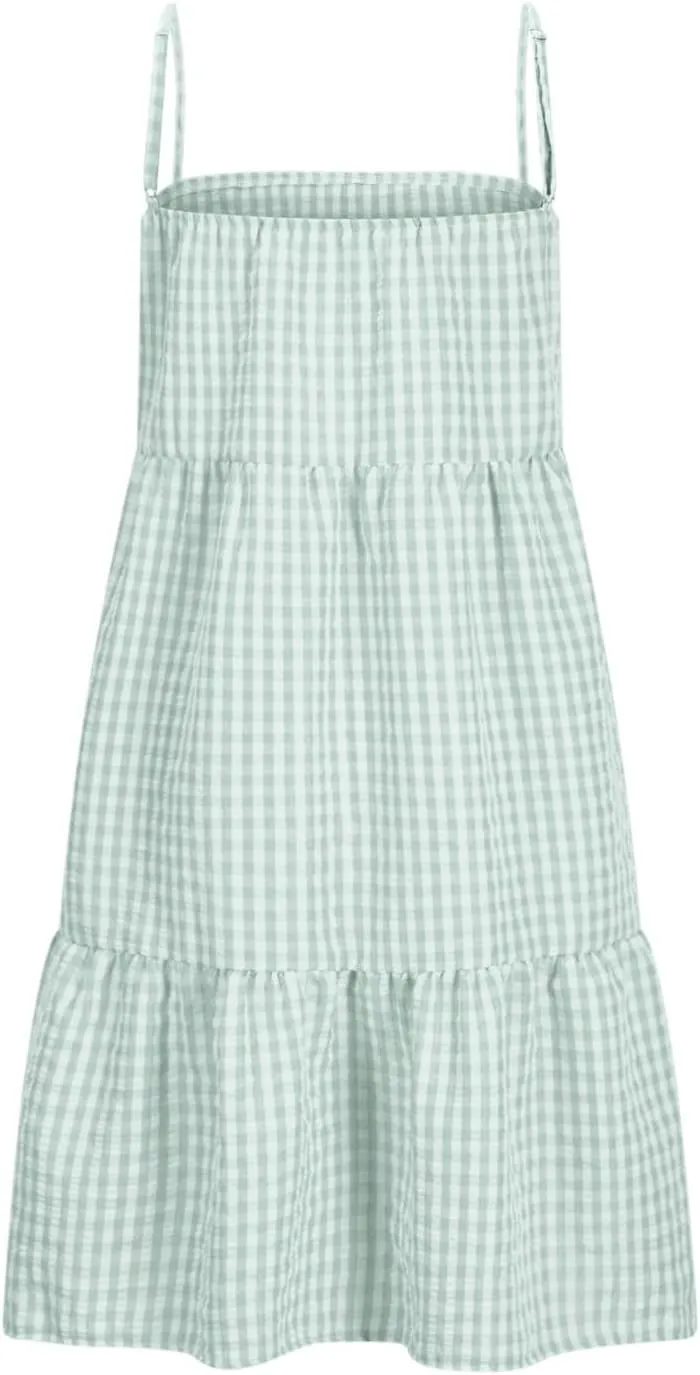 Womens Plaid A-Line Dresses Adjustable Shoulder Straps Ruffle Hem Casual Mini Dress Beach Sundress with Side Pockets