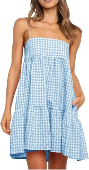 Womens Plaid A-line Dresses Shoulder Spaghetti Straps Tiered Ruffle Hem Casual Mini Dress with Pocket Beach Coverup