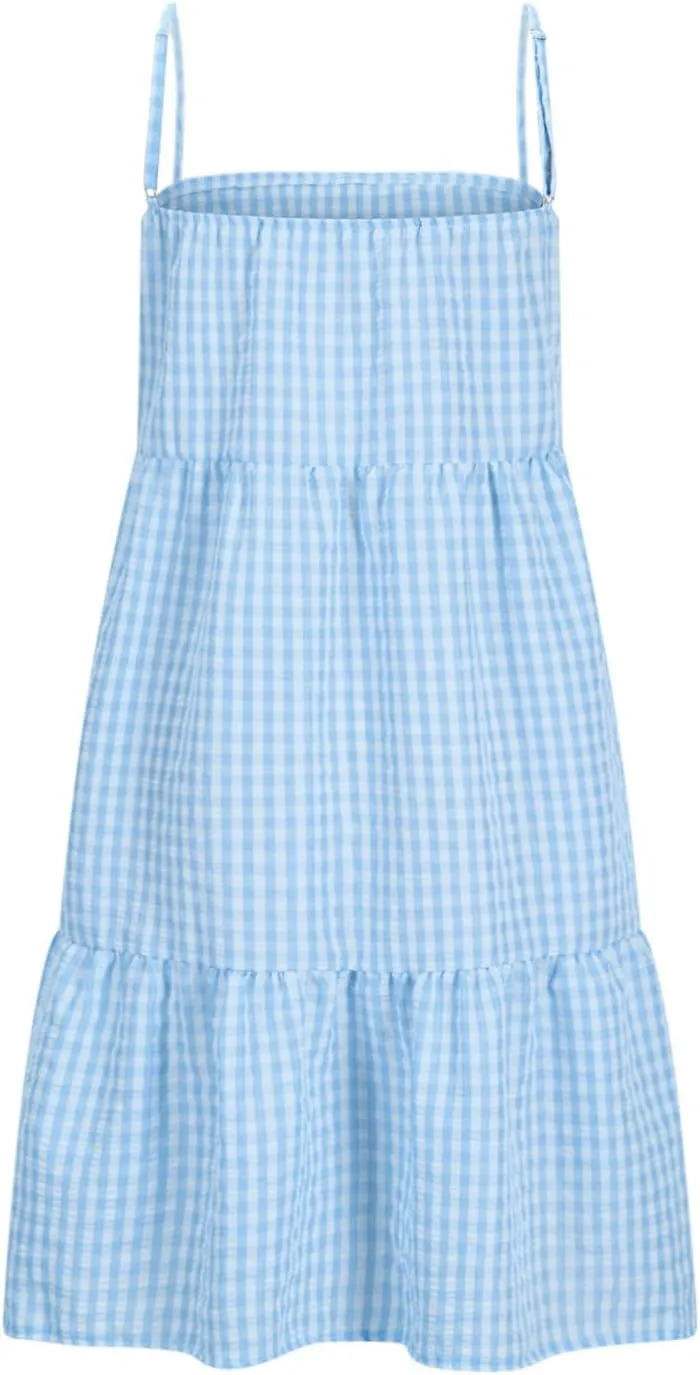 Womens Plaid A-line Dresses Shoulder Spaghetti Straps Tiered Ruffle Hem Casual Mini Dress with Pocket Beach Coverup