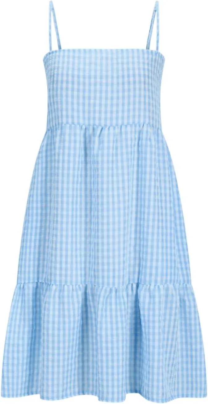 Womens Plaid A-line Dresses Shoulder Spaghetti Straps Tiered Ruffle Hem Casual Mini Dress with Pocket Beach Coverup