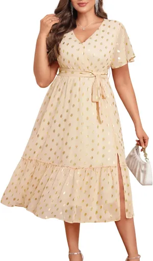 Women's Plus Size Dress for Wedding Guest - Semi Formal Cocktail Holiday Gold Dot Midi Dresses
