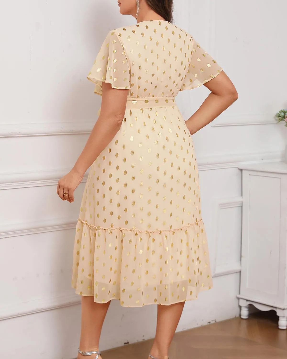 Women's Plus Size Dress for Wedding Guest - Semi Formal Cocktail Holiday Gold Dot Midi Dresses