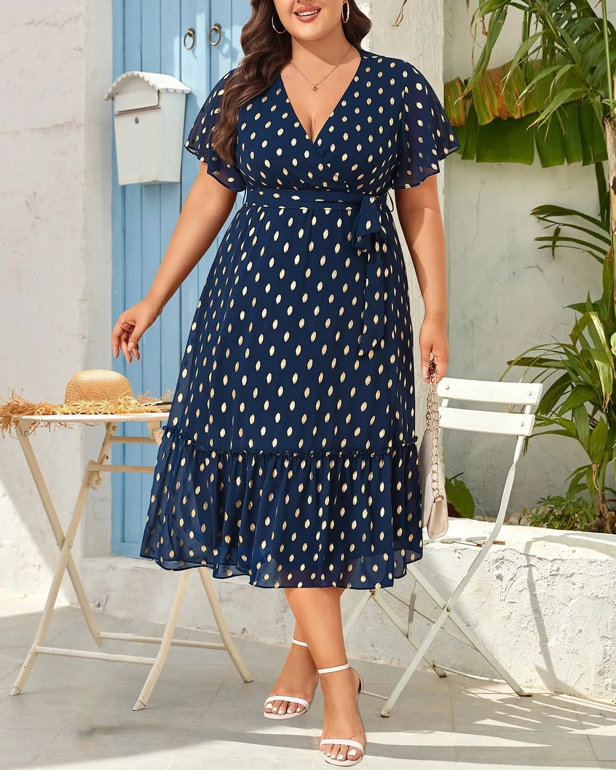 Women's Plus Size Dress for Wedding Guest - Semi Formal Cocktail Holiday Gold Dot Midi Dresses