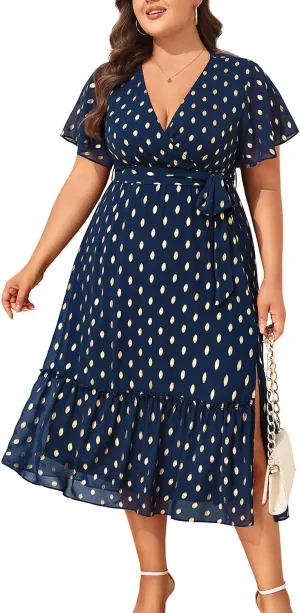 Women's Plus Size Dress for Wedding Guest - Semi Formal Cocktail Holiday Gold Dot Midi Dresses