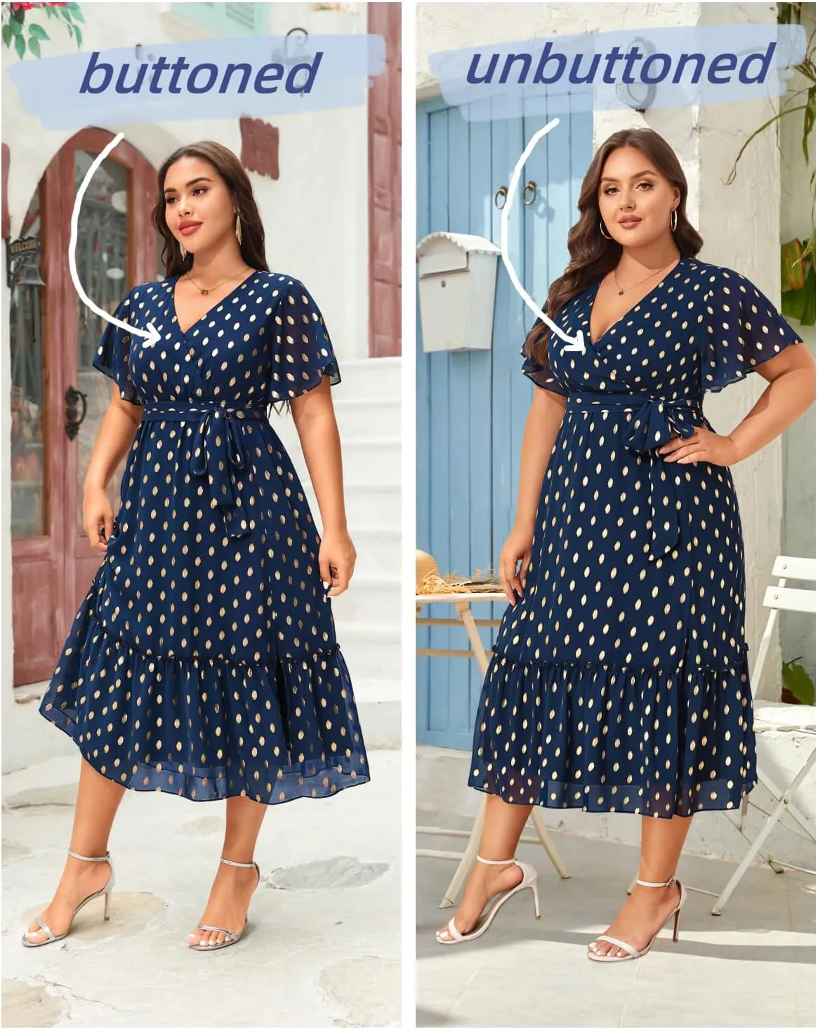 Women's Plus Size Dress for Wedding Guest - Semi Formal Cocktail Holiday Gold Dot Midi Dresses