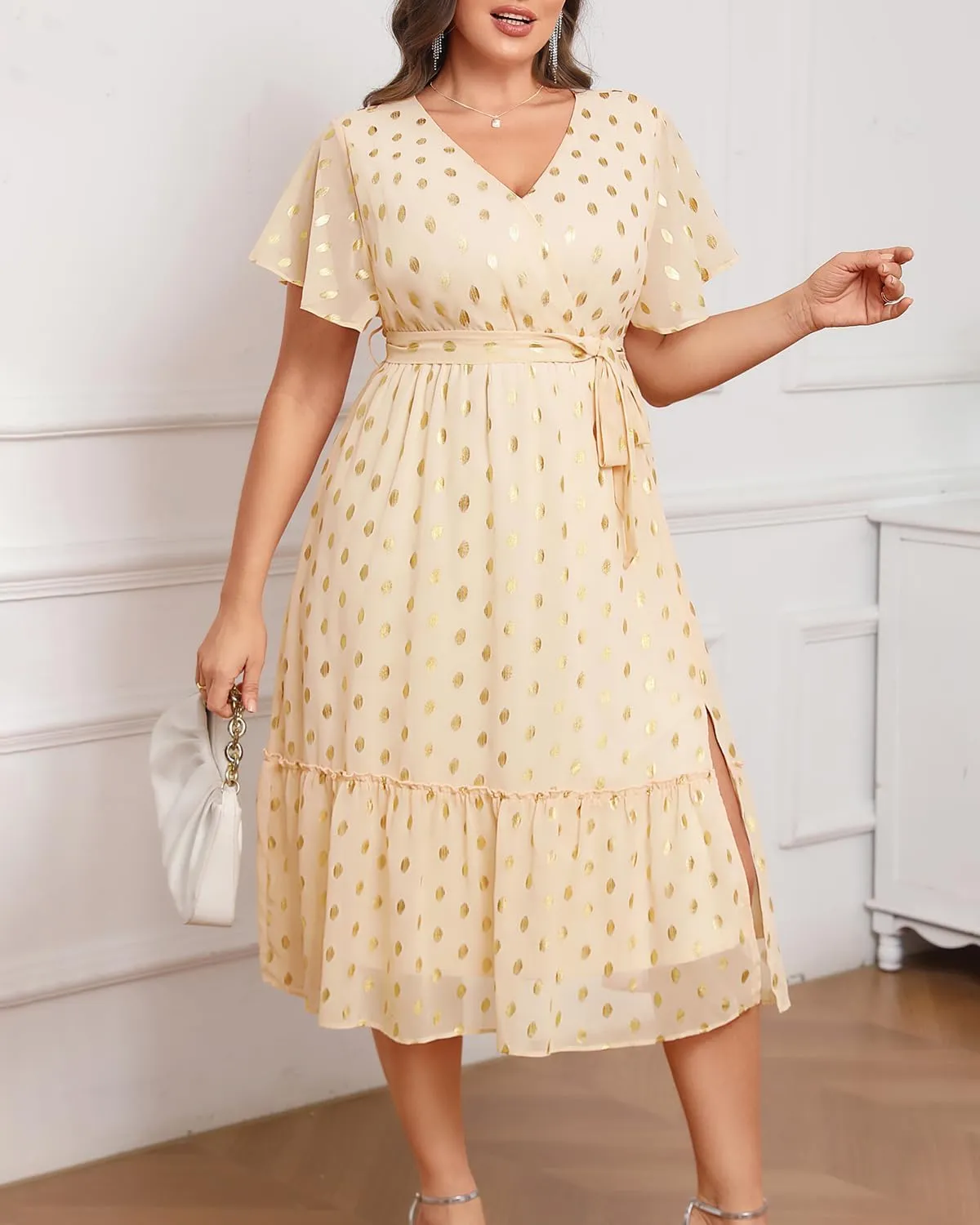 Women's Plus Size Dress for Wedding Guest - Semi Formal Cocktail Holiday Gold Dot Midi Dresses