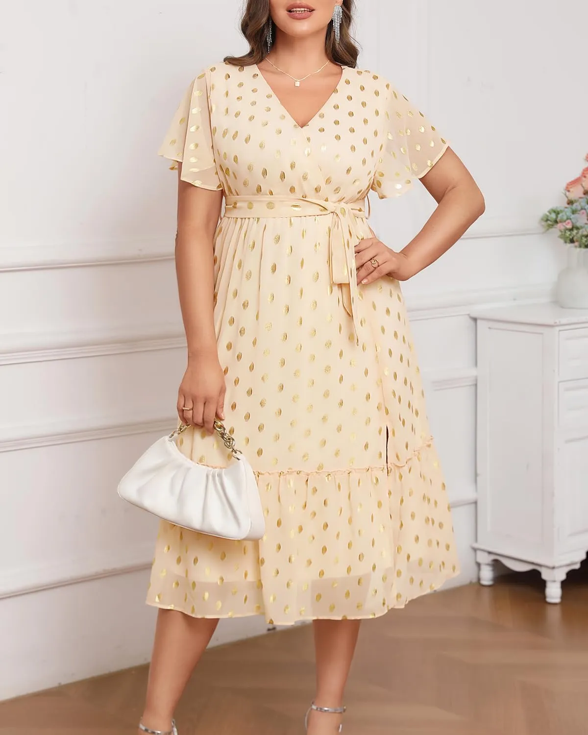 Women's Plus Size Dress for Wedding Guest - Semi Formal Cocktail Holiday Gold Dot Midi Dresses