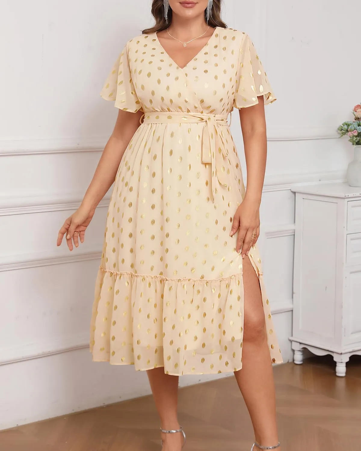 Women's Plus Size Dress for Wedding Guest - Semi Formal Cocktail Holiday Gold Dot Midi Dresses