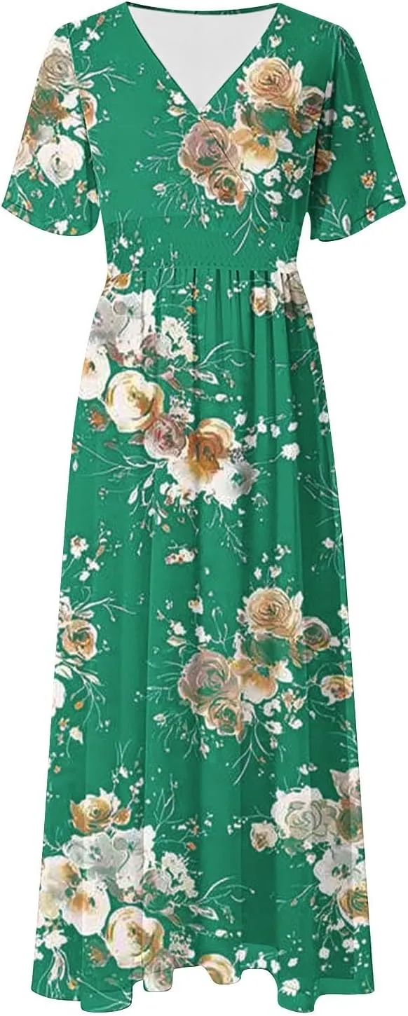 Women's Plus Size Summer Boho Dress Casual Floral Wrap V Neck Short Sleeve Midi Dress Maxi Beach Sundress with Pocket