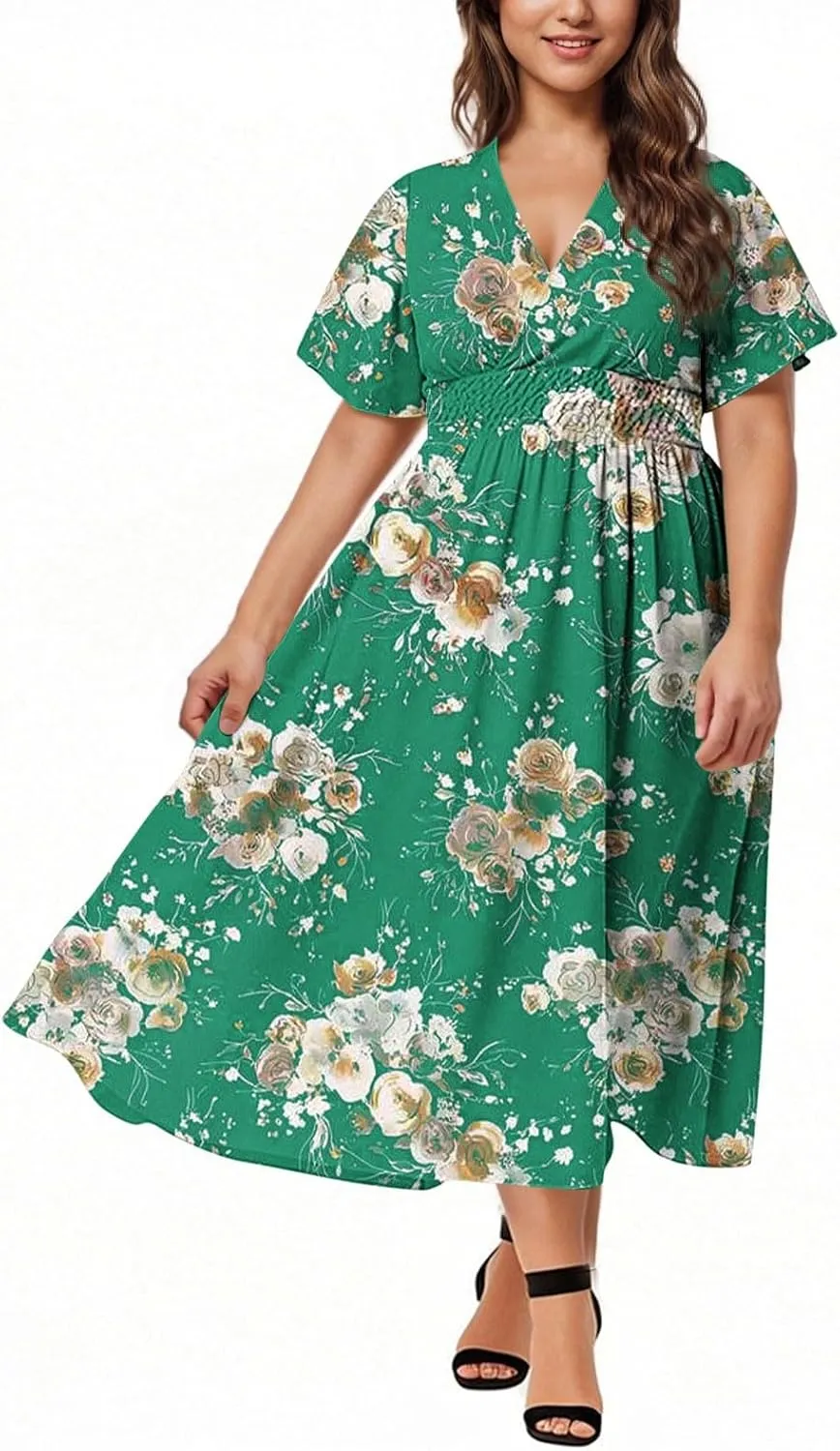 Women's Plus Size Summer Boho Dress Casual Floral Wrap V Neck Short Sleeve Midi Dress Maxi Beach Sundress with Pocket