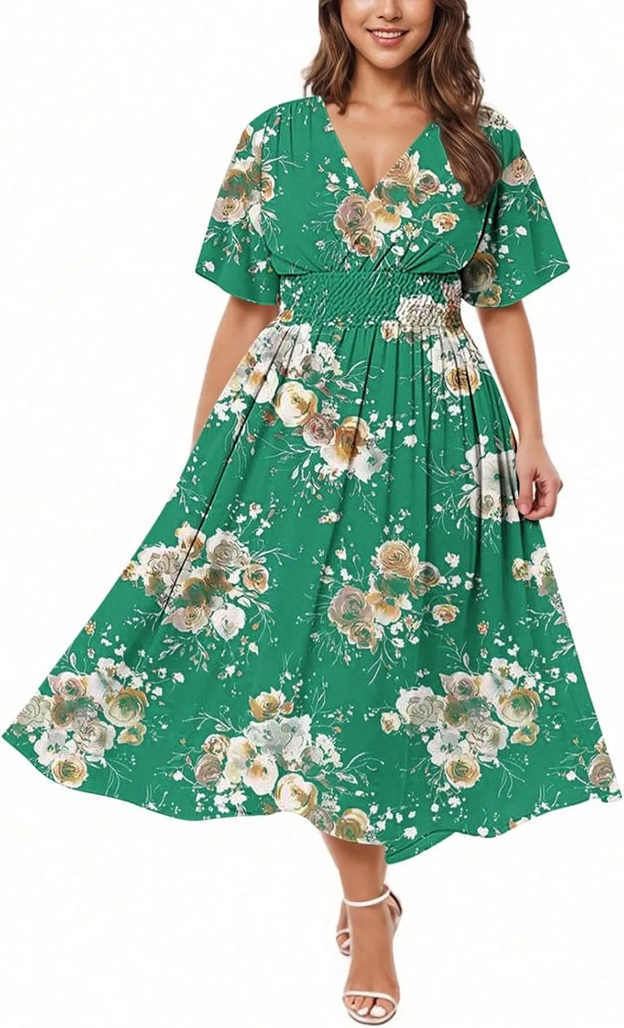 Women's Plus Size Summer Boho Dress Casual Floral Wrap V Neck Short Sleeve Midi Dress Maxi Beach Sundress with Pocket