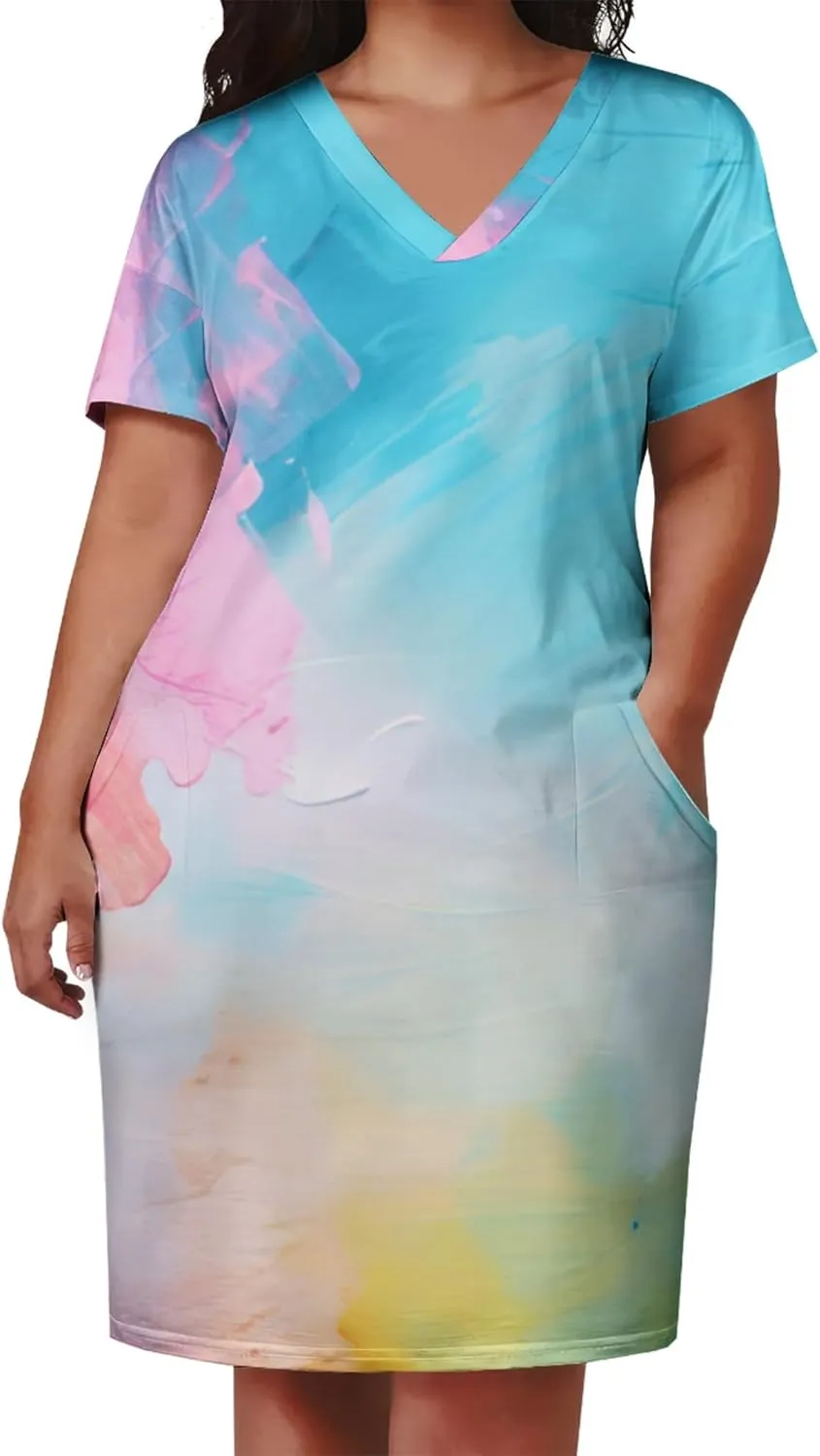 Women's Plus Size Summer Midi Dress Casual Short Sleeve Beach Baggy Long Dresses with Pocket
