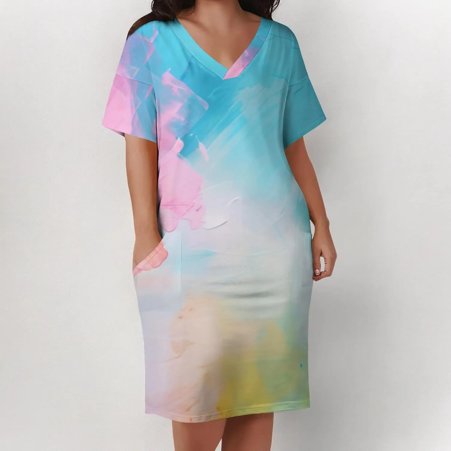 Women's Plus Size Summer Midi Dress Casual Short Sleeve Beach Baggy Long Dresses with Pocket