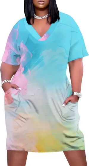 Women's Plus Size Summer Midi Dress Casual Short Sleeve Beach Baggy Long Dresses with Pocket