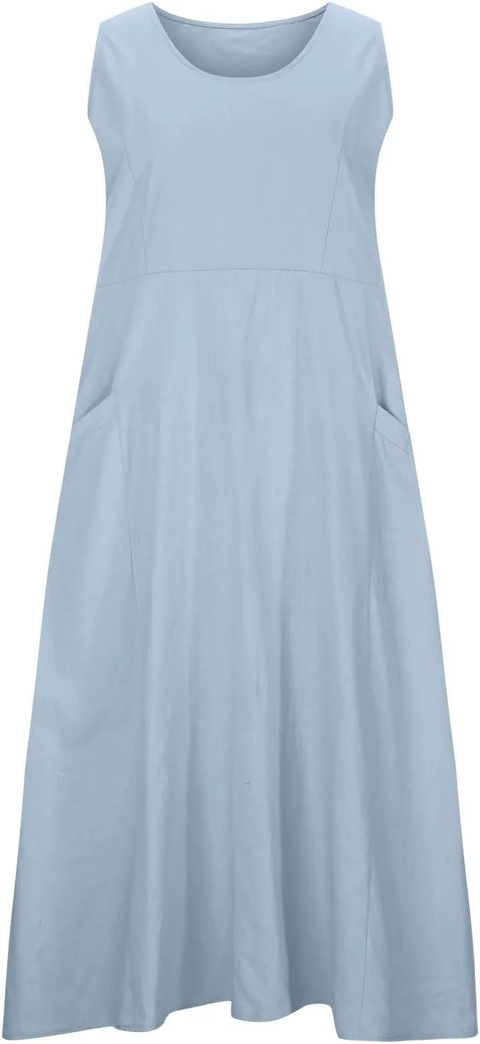 Womens Plus Size Summer Sleeveless Cotten Linen Tank Dress Loose Flowy Midi Long Beach Dresses with Pockets