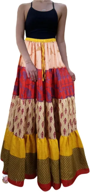 Womens Red Pink Floral Patchwork Boho Maxi Skirt Beach Style S/M