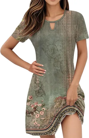 Women's Resort Wear 2025 Trendy Vintage Floral Short Sleeve Cutout Crew Neck Casual Dress Summer, S-3XL