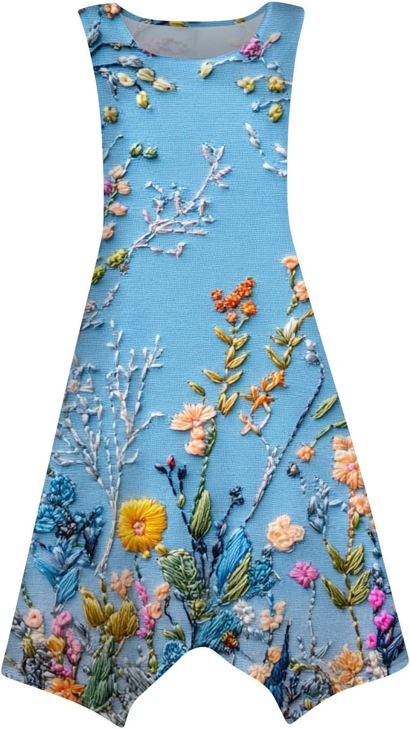 Women's Round Neck Sleeveless Tank Sundresses 2025 Floral Print Irregular Hem Midi Dress, S-2XL