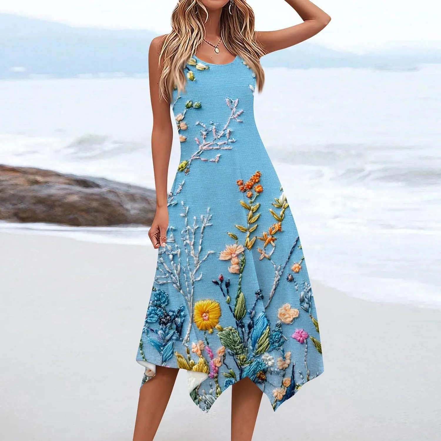Women's Round Neck Sleeveless Tank Sundresses 2025 Floral Print Irregular Hem Midi Dress, S-2XL