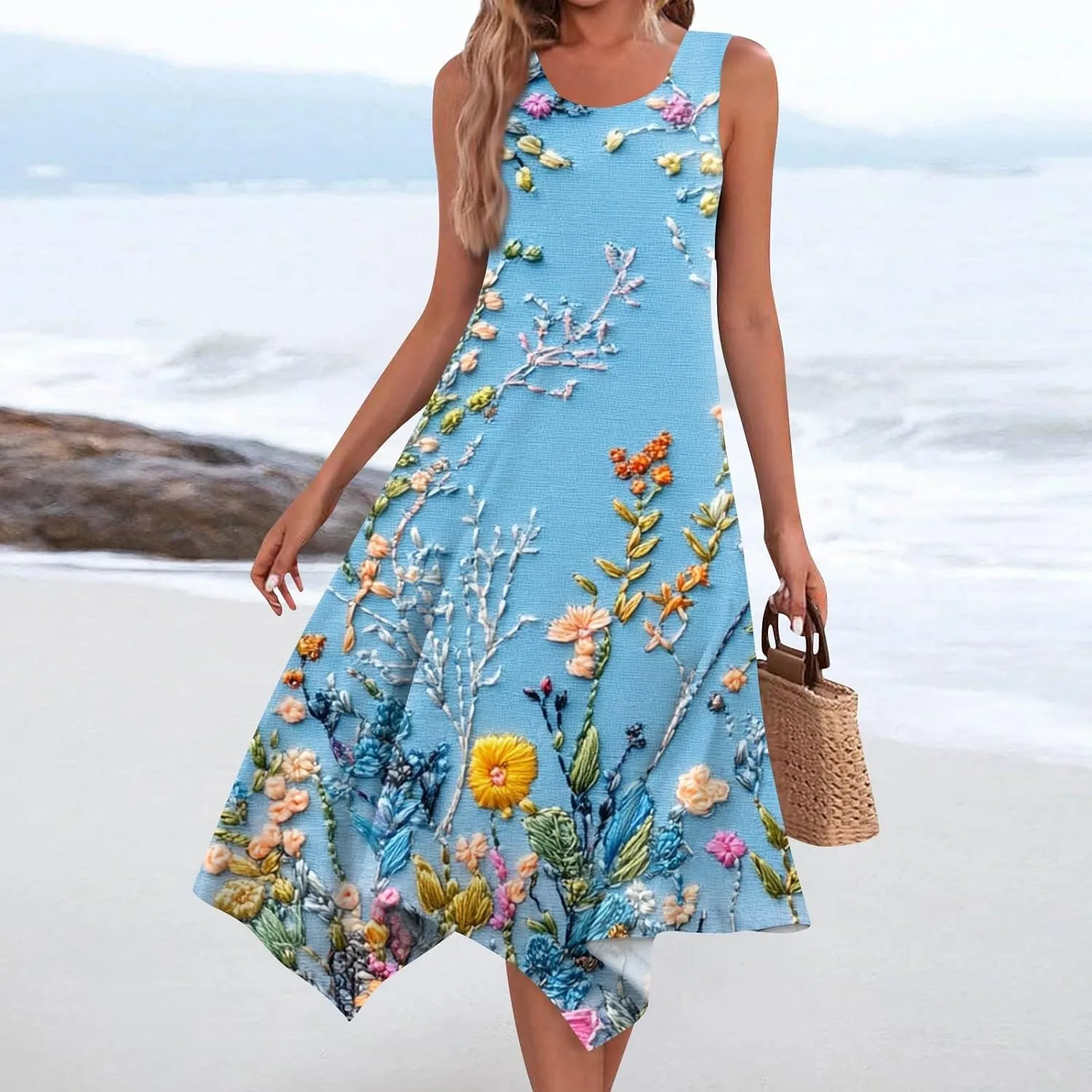 Women's Round Neck Sleeveless Tank Sundresses 2025 Floral Print Irregular Hem Midi Dress, S-2XL